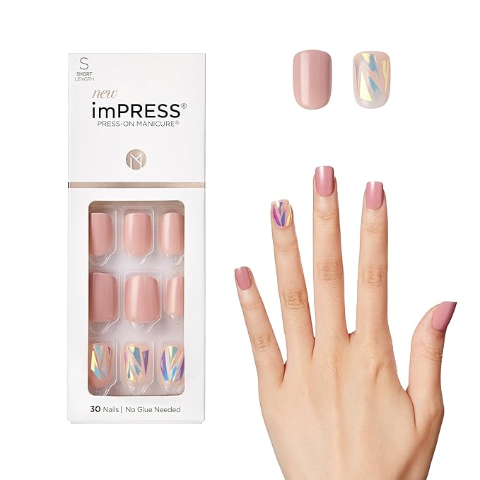 KISS imPRESS No Glue Mani Press On Nails, Design, 'Miracle', Pink, Short Size, Squoval Shape, Includes 30 Nails, Prep Pad, Instructions Sheet, 1 Manicure Stick, 1 Mini File