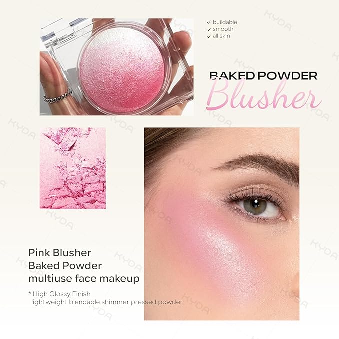 KYDA Pink Baked Blush, Pink Glow Powder for Blush and Highlighter, High Glossy Finish, Lightweight Blendable Shimmer Blusher, Multiuse Baked Powder, 0.53 oz