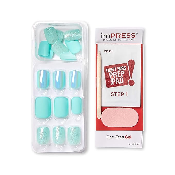 KISS imPRESS No Glue Mani Press On Nails, Design, 'Rain Check', Blue, Short Size, Squoval Shape, Includes 30 Nails, Prep Pad, Instructions Sheet, 1 Manicure Stick, 1 Mini File