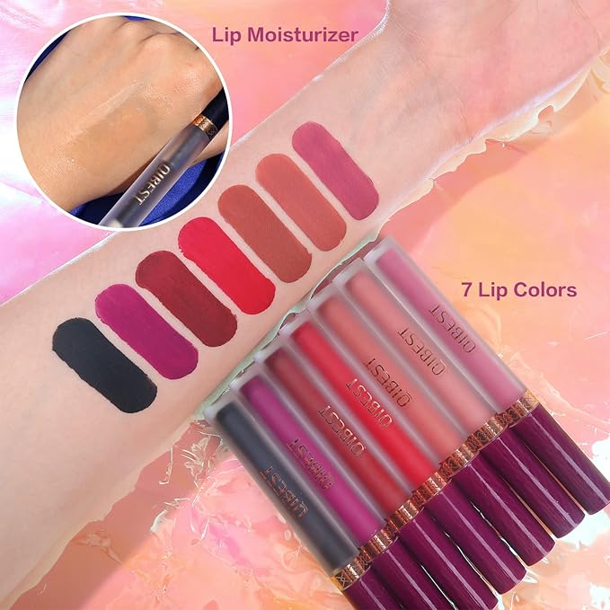 QiBest 7Pcs Matte Liquid Lipstick wiith 1Pc Lip Plumper Makeup Set, Dark Black Purple Lipstick Goth Halloween Lip Set Waterproof Lip Gloss Kit Pigmented Long Lasting Lipstick Makeup for Women & Girls
