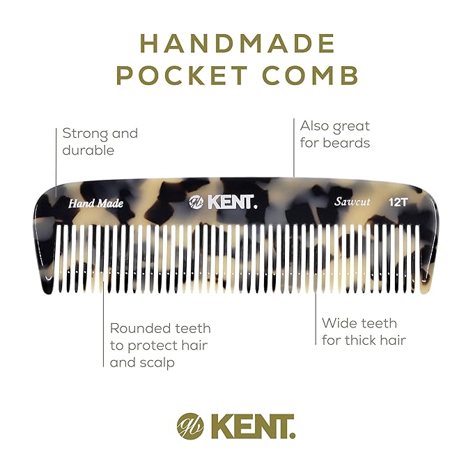 Kent 12T TW Wide Tooth Detangling Comb - 5.5" Handmade Pocket Comb for Thick, Curly, and Wavy Hair, Large Tooth Grooming Comb for Hair, Beard, and Mustache - Saw-Cut and Hand Polished