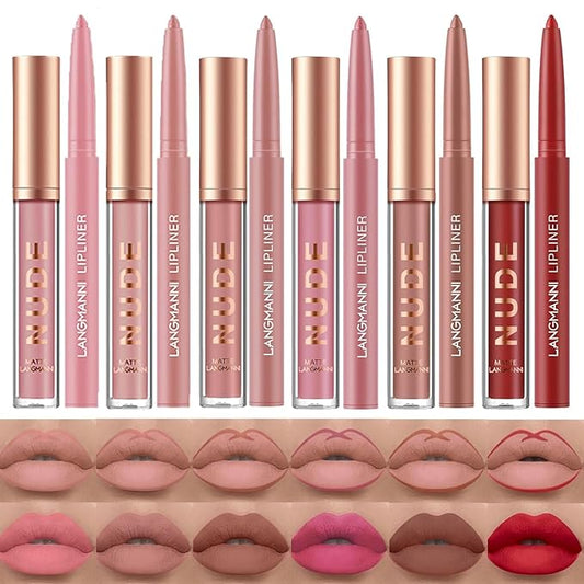 LANGMANNI 6 Matte Lipstick with 6 Lipliners Durable Makeup Set,Long-Lasting Non-Stick Cup Not Fade Waterproof Pigmented Velvet Lipgloss Kit Beauty Cosmetics Makeup Gift for Girls (#B)