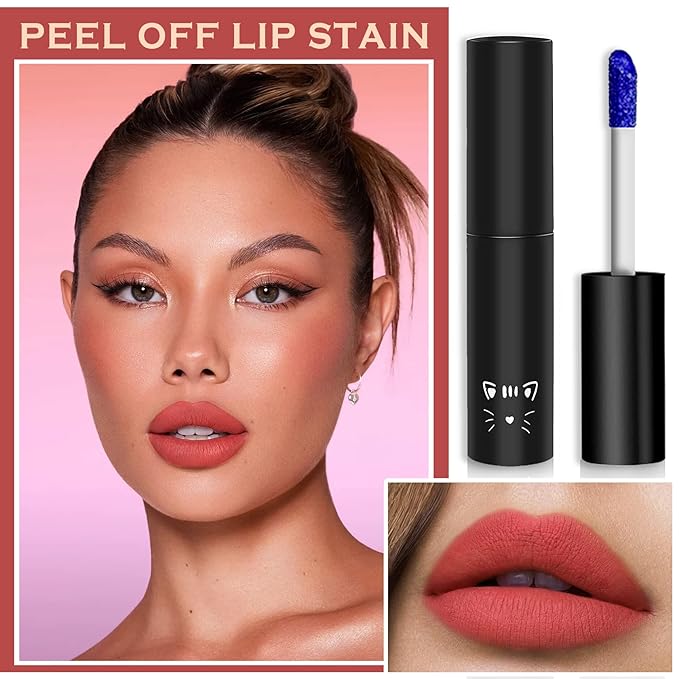 Peel Off Lip Stain Lip Tint Matte Liquid Lipstick Nude Lip Gloss Long Lasting Waterproof Lip Tint Stain Non-stick Cup Peel Off Lipstick Lip Makeup for Women Girls - 02