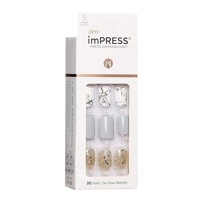 imPRESS Design, Press On Nails, Knock Out, Gray, Short, Size, Squoval, Shape, Includes 30 Nails, Prep Pad, Instructions Sheet, 1 Manicure Stick, 1 Mini File