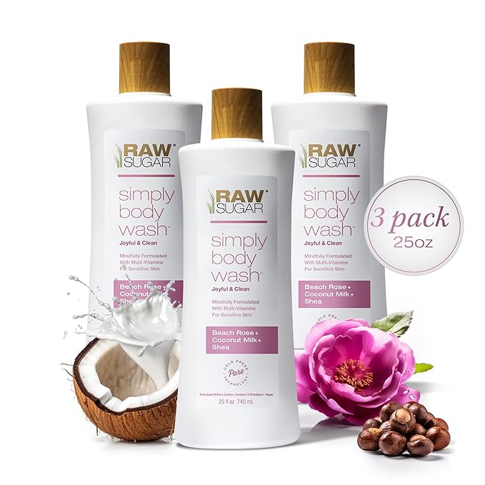 RAW SUGAR Simply Body Wash, Beach Rose + Coconut Milk + Shea (25 Fl Oz, Pack of 3) Sensitive Skin Bath Soap, Formulated without Sulfates & Parabens