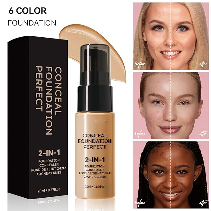6 Colors Liquid Foundation Long-Lasting,Poreless Liquid Oil Concealer