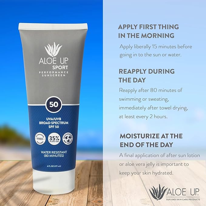 Aloe Up Sport Sunscreen Lotion SPF 50 - Broad Spectrum UVA/UVB Sunscreen Protector for Face and Body With Hydrating Aloe Vera Gel Non-Greasy No White Cast Reef Safe Fragrance Free - 6 Oz- 2 pack