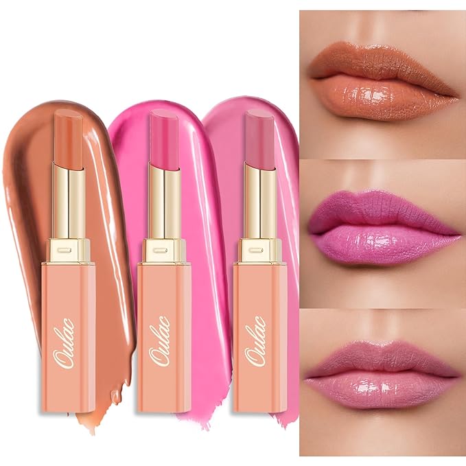 Oulac Moisture Shine Lipsticks Set - Red Orange Purple 3Pcs | Ultra Hydrating Juicy & Glossy, Soild Lip Gloss, Lightweight Smooth, Natural Look Best for Dry, Cracked and Chapped Lips, Vegan (05+06+07)