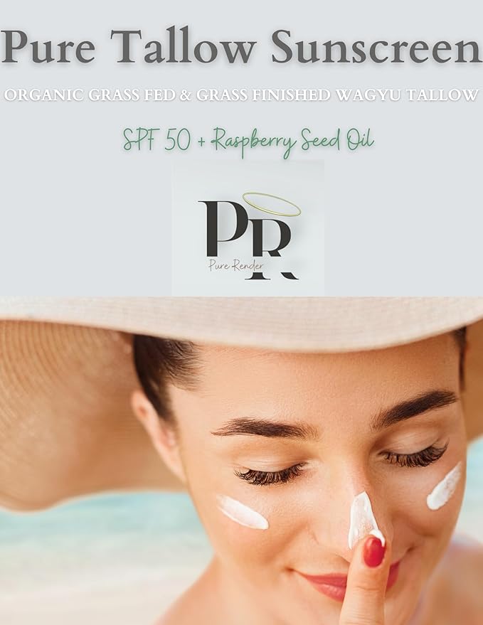 Grass Fed Tallow Sunscreen, Wagyu Tallow Skincare, Organic Tallow, Grass Finshed Tallow,Pure Render, SPF 50,Made in U.S.A