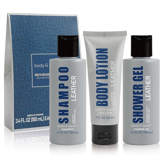 Bath and Body Gift Set for Men Self Care Kit with Leather Scent Shower Gel, Body Lotion, Shampoo, Self care gifts for Men,regalos para hombre, Birthday Gifts for Him