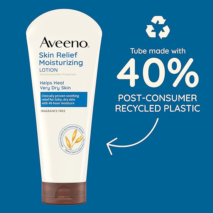 Aveeno Skin Relief Moisturizing Lotion for Very Dry Skin with Soothing Triple Oat & Shea Butter Formula, Dimethicone Skin Protectant Helps Heal Itchy, Dry Skin, Fragrance-Free, 8 fl. oz.