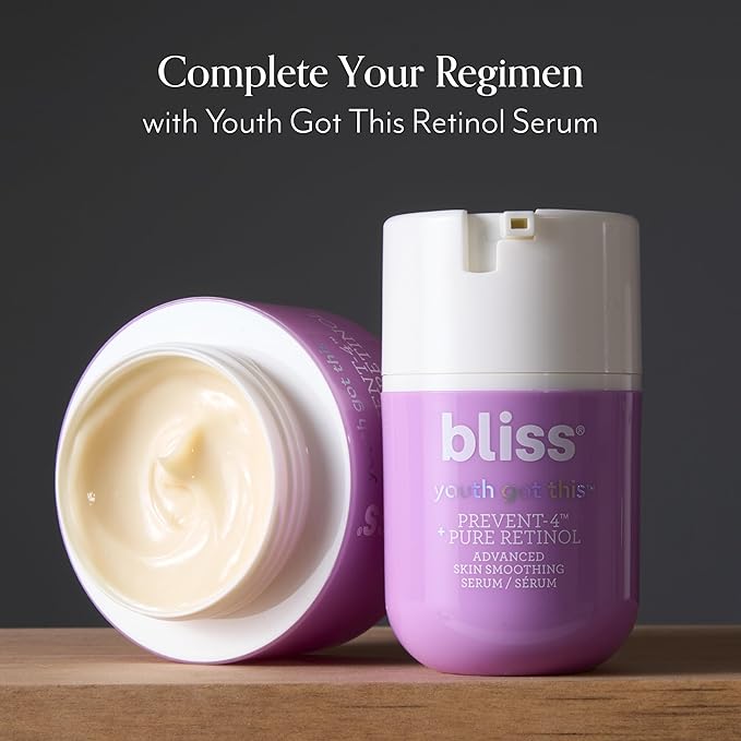 bliss Youth Got This and Pure Retinol Deep Hydration Moisturiser Visibly Diminishes Fine Lines Clean Fragrance-Free Cruelty-Free Paraben Free Vegan 50 ml