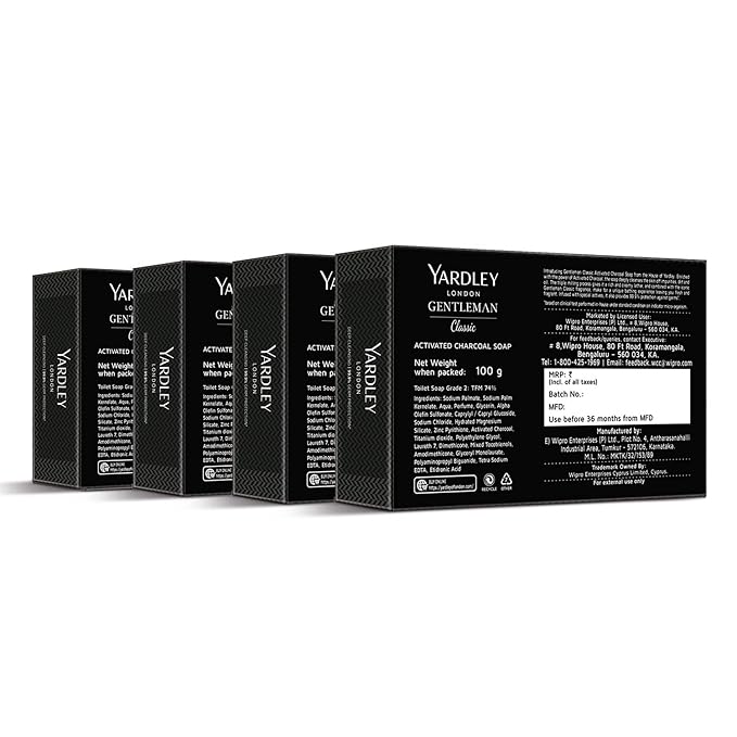Yardley London Gentleman Classic Activated Charcoal Soap, with 99.9% Germ Protection and Deep Cleansing of Skin - Pack Of 4 (100 g each)