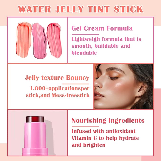 3PCS Milk Cooling Water Jelly Tint Stick Water Tint Milk Jelly Blush Tint Stick Lip and Cheek Stain Multi-Use Jelly Lip Tint Stain Non-sticky Makeup Stick(Pink+Coral+Red)