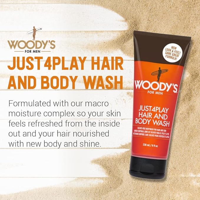 Woody's Just4Play Hair and Body Wash for Men - Sulfate-Free, Deep Cleansing, Hydrating, Fresh Scent, All-in-One Shower Gel, 8 fl oz