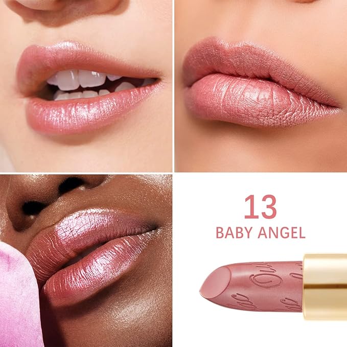 Oulac Metallic Light Pink & Sheer Lipstick Set - 2PCS Vegan Lightweight Hydrating Formula with High Impact Lip Color for Full Coverage Lip Makeup, Christmas Gifts for Women, 13+27