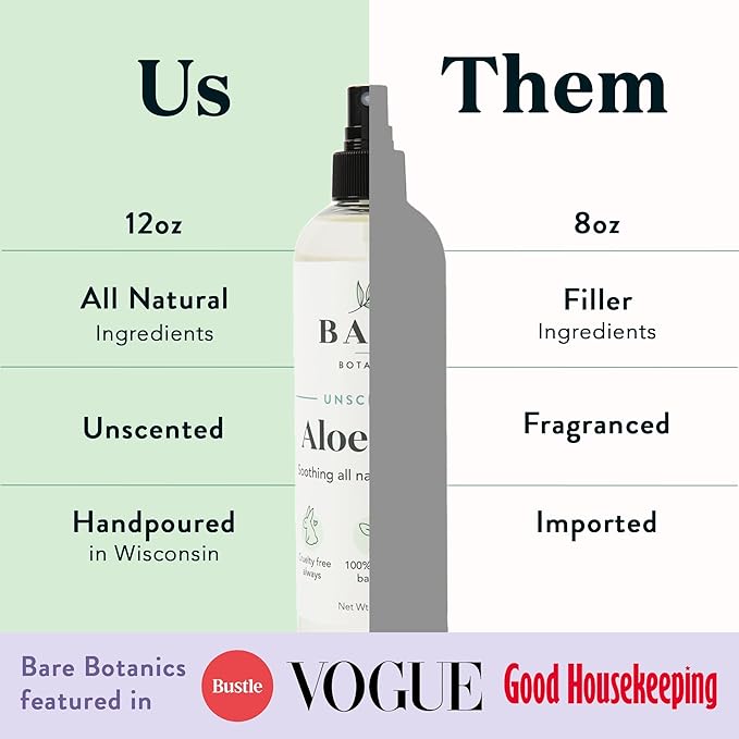 BARE BOTANICS Cooling Aloe Spray for Skin & Hair - Large 12oz | Sunburn Spray & Aloe Hair Moisturizer | 99.66% Pure Unscented Aloe Vera Spray Made in Wisconsin…