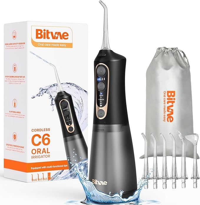 Bitvae Water Dental Flosser Pick for Teeth, Rechargeable Cordless Water Flosser, 3 Modes 5 intensities, 300ML Portable IPX7 Waterproof, 40 Days Powerful Battery Life for Home Travel, Black-Gold