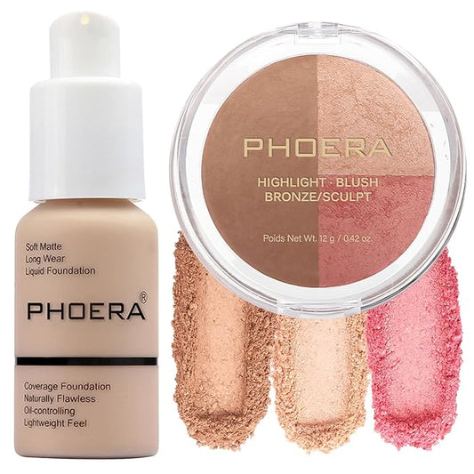 PHOERA Foundation, PHOERA Contour Palette,Shades with Highlighter & #002 Contour/Nude+#002)