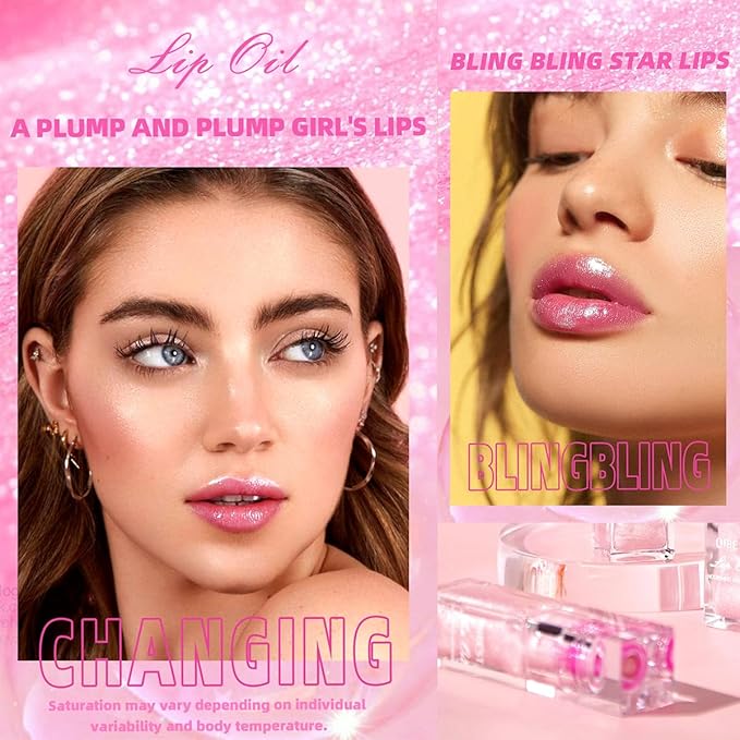 2PCS Color Changing Lip Oil,pink Big Brush Head Long Lasting Moisturizing Smooth Non-Sticky Transparent Plumping Lip Glow Oil