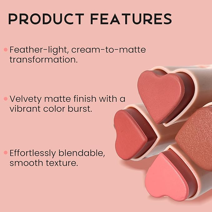 Blush Stick for Cheeks, Cream Blush with Heart-shaped, Candy Rose