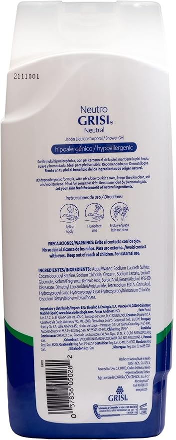 Grisi Neutral Shower Gel, Cleansing Shower Gel, Hypoallergenic, Sensitive Skin, Smother Skin, 2-Pack of 15.2 FL Oz, Bottles.
