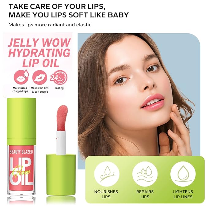 Beauty Glazed Big Brush Head Lip Oil, Ultra-Hydrating & Nourishing, Smooth Glossy Finish Lip Glow Oil, Shiny and Vegan Tinted Lip Gloss, Non-Sticky Formula (2, 107# HUGGING & 108# REBORN)