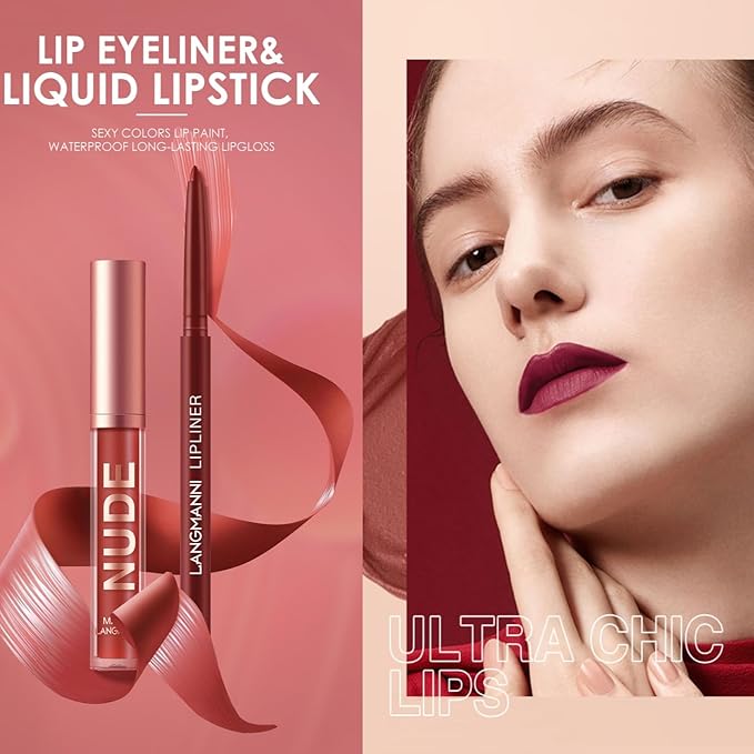 LANGMANNI 4pcs Matte Lipstick with Lipliners Durable Makeup Set,Long-Lasting Non-Stick Cup Not Fade Waterproof Pigmented Velvet Lipgloss Kit Beauty Cosmetics Makeup Gift for Girls(#2+4+6+8)