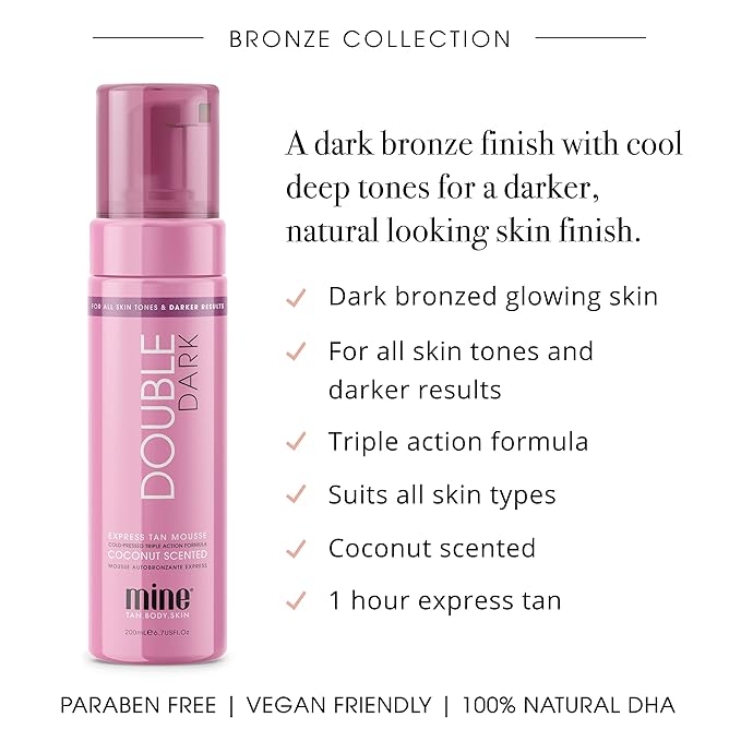 MineTan Double Dark Self Tanner Mousse - Clean Sunless Tanner For An Iconic Beach Bronze & Glowing Skin Finish, Body and Face Tanner, No Fake Tan Smell, Coconut Scented Self Tan, 200ml