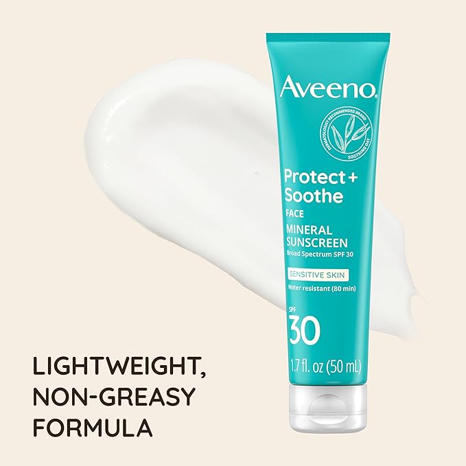Aveeno Protect + Soothe Face Mineral Sunscreen with Broad Spectrum SPF 30 for Sensitive Skin, Lightweight & Non-Greasy Face Sunscreen, Water-Resistant UVA/UVB Protection, 1.7 fl. oz