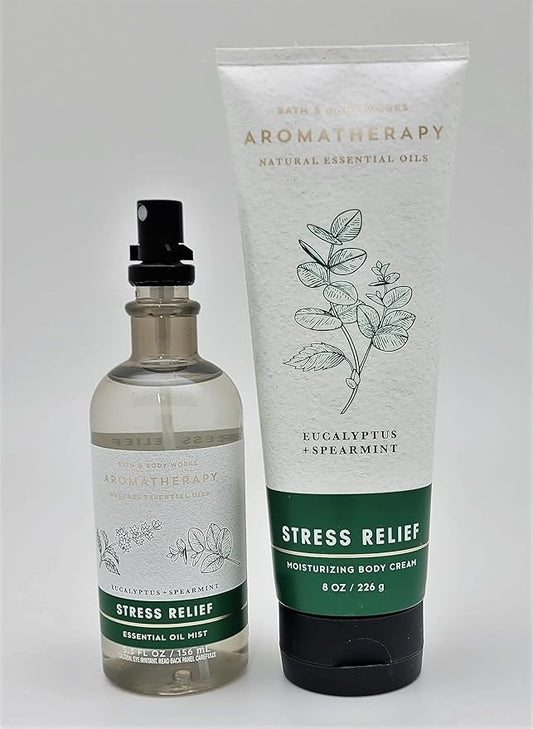 Bath & Body Works - Aromatherapy - Eucalyptus Spearmint – Stress Relief - 2 pc Bundle - Essential Oil Mist- 5.3 fl oz - & Body Cream - 8 oz