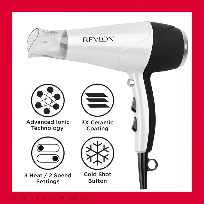 REVLON Volume Booster, Hair Dryer with Curl Enhancing Diffuser | Increase Volume, Decrease Frizz and Damage, Fast Drying, 1875 Watts (White)