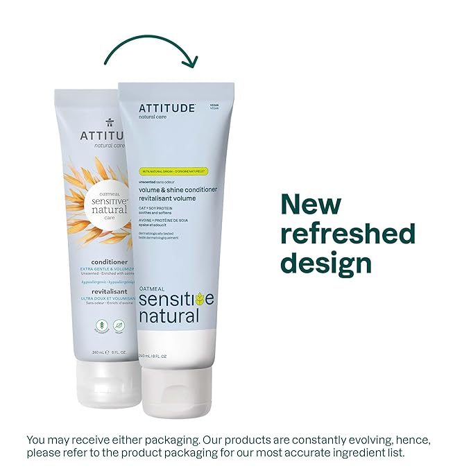 ATTITUDE Hair Conditioner for Sensitive Dry Scalp, Soothing Oat, Naturally Derived Ingredients, Dermatologically Tested, Vegan Detangler, Extra Gentle, Unscented, 8 Fl Oz