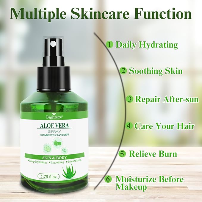 Aloe Vera Spray for Whole Body Skin, Aoe Vera Spray Extract from Freshly Cut Aloe and Infused wirh Cucumber Essence，Fast Absorbing, Easy to Use, Travel Set, 1.73 oz
