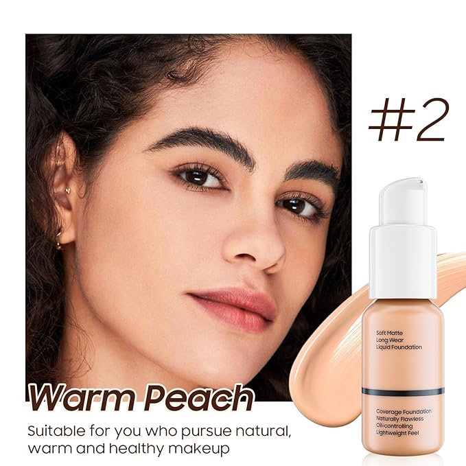 Matte Full Coverage Liquid Foundation - Lightweight & Warm Peach)