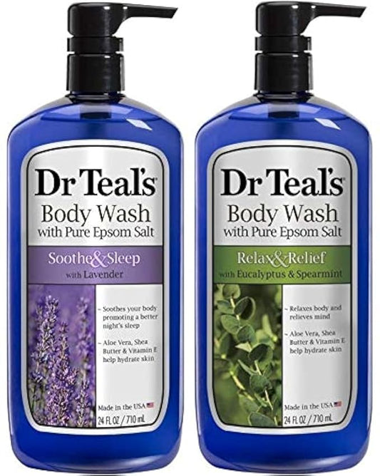 Dr Teal's Lavender & Eucalyptus Body Wash Gift Set (2 Pack, 24oz Ea) - Soothe & Sleep Lavender & Relax & Relief Eucalyptus & Spearmint - Essential Oils Calm the Mind & Promote Better Sleep