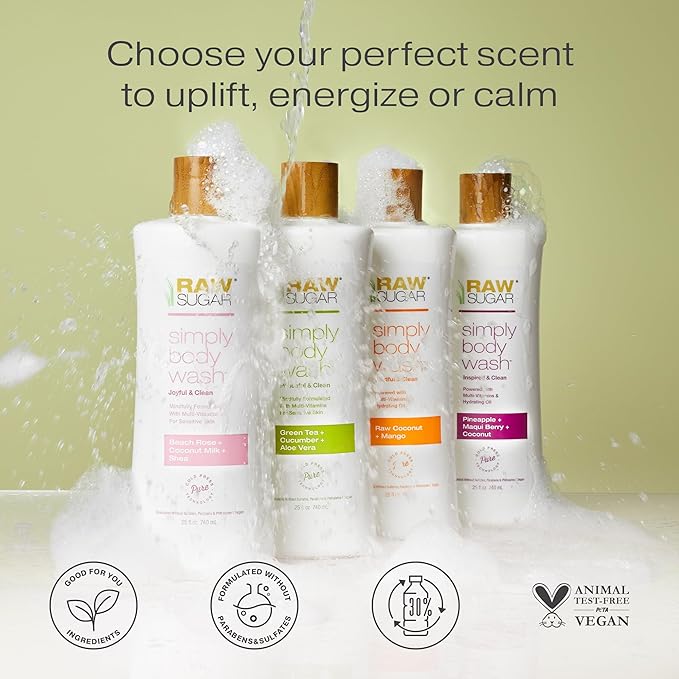 RAW SUGAR Simply Body Wash, Beach Rose + Coconut Milk + Shea (25 Fl Oz, Pack of 3) Sensitive Skin Bath Soap, Formulated without Sulfates & Parabens