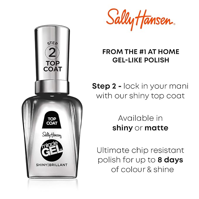 Sally Hansen Miracle Gel™, Shiny Top Coat, Long Lasting, Gel-Like Formula, No UV Lamp Needed, Clear Nail Polish