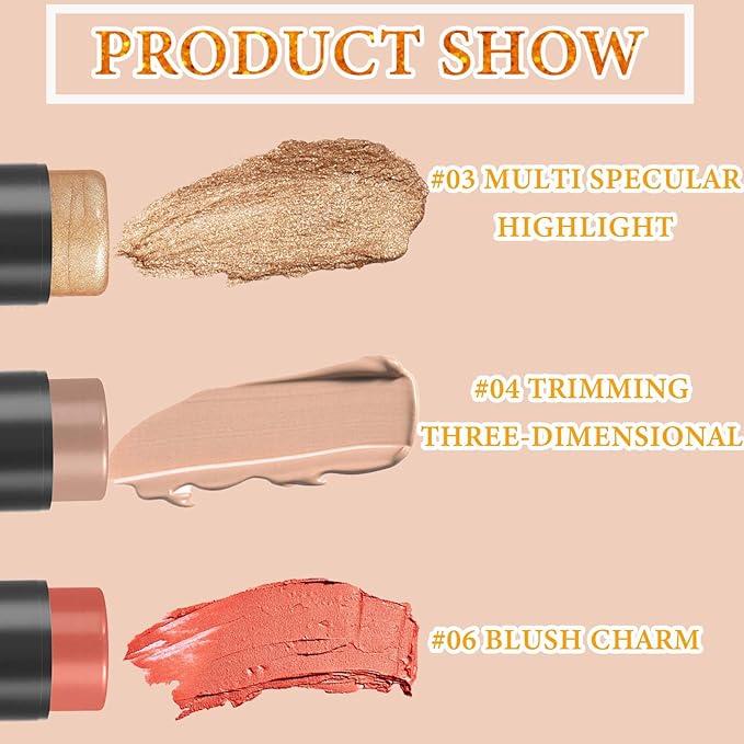 3 PCS Cream Contour Blush Stick,Long Lasting Waterproof for Women
