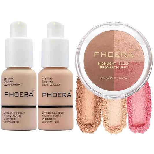 PHOERA Foundation, PHOERA Contour Palette,Shades with Highlighter & Contour/Nude+Warm peach+#002)