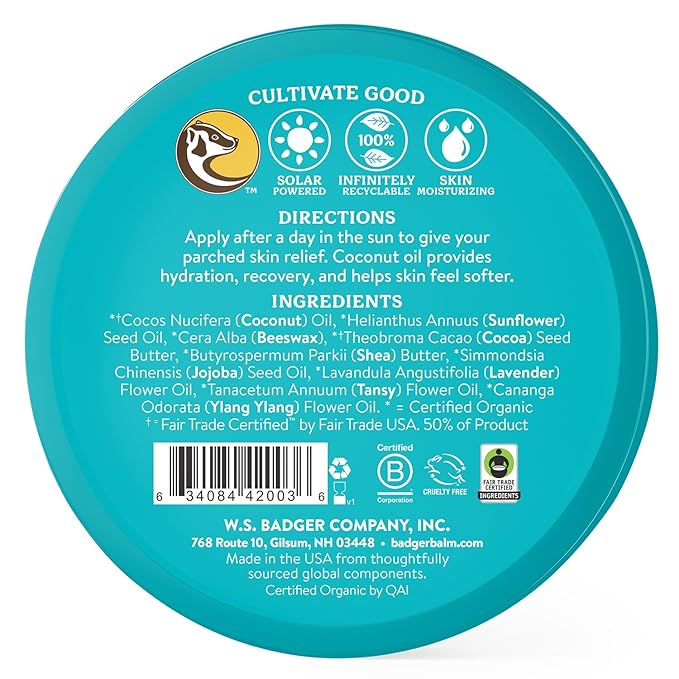 Badger Coconut After Sun with Organic Cocoa Butter & Shea Butter, Rescue Balm, Soothing & Cooling Balm for Tight Dry Skin After Sun Exposure, 2 oz