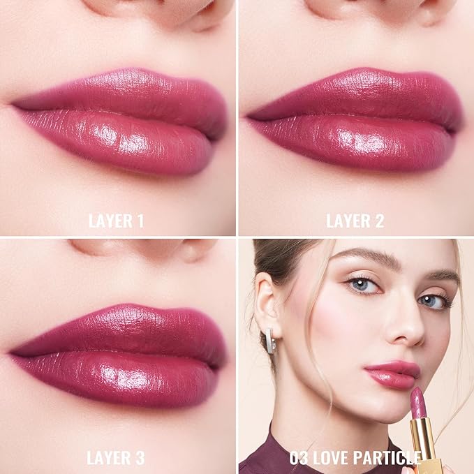 Oulac Burgundy Lipstick for Women with Metallic 3D Shine Lightweight Hydrating Formula, High Impact Lip Color, Vegan Beauty, Full Coverage Lip Makeup, Christmas Gifts for Women, Love Particle(03)