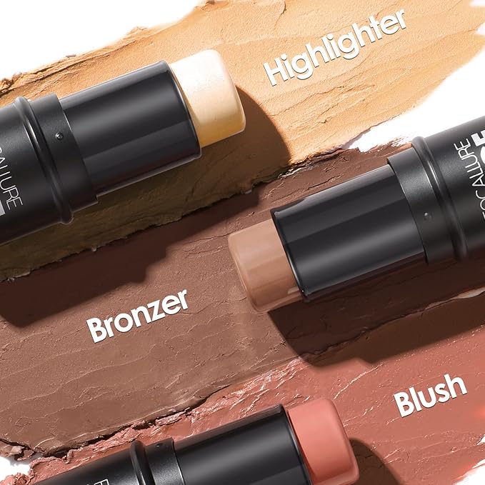 FOCALLURE 3 Pcs Cream Contour Sticks,Shades with Highlighter Finishing Makeup,MEDIUM-WARM