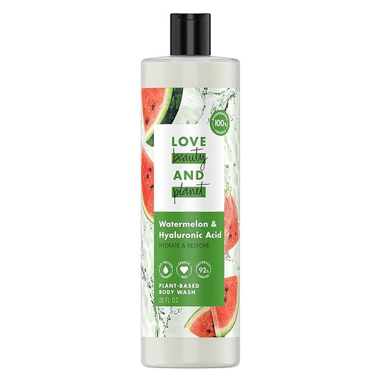 Love Beauty and Planet Plant-Based Body Wash Hydrate and Restore Skin Watermelon and Hyaluronic Acid Made with Plant-Based Cleansers and Skin Care Ingredients, 100% Biodegradable 20 fl oz