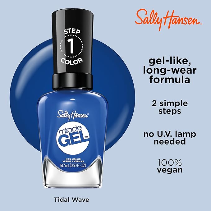 Sally Hansen Miracle Gel™, Tidal Wave, Long Lasting, Gel-Like Formula, No UV Lamp Needed, Blue Nail Polish (Pack of 2)