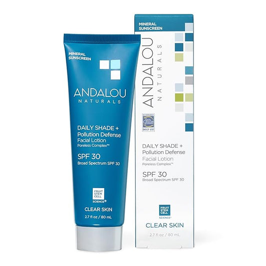 Andalou Naturals Daily Shade Face Sunscreen, SPF 30 Zinc Oxide Mineral Sunscreen, Sun + Pollution Defense Face Lotion, Helps Minimize Look of Pores, Matte Finish & Lightweight - 2.7 Fl. Oz.