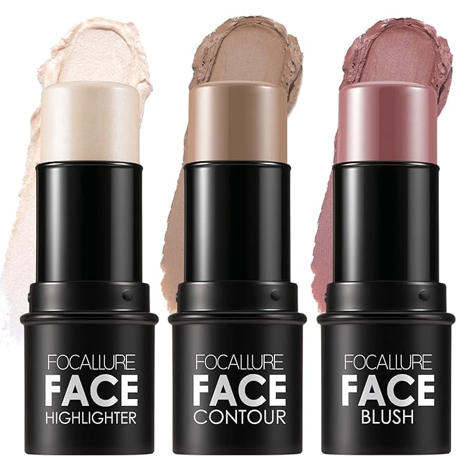 FOCALLURE 3 Pcs Cream Contour Sticks,Shades with Highlighter Finishing Makeup,LIGHT-SKIN