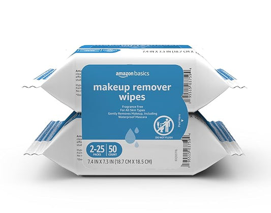 Amazon Basics Make Up Remover Wipes, Fragrance Free, 25 Count, Pack of 2 (Previously Solimo)