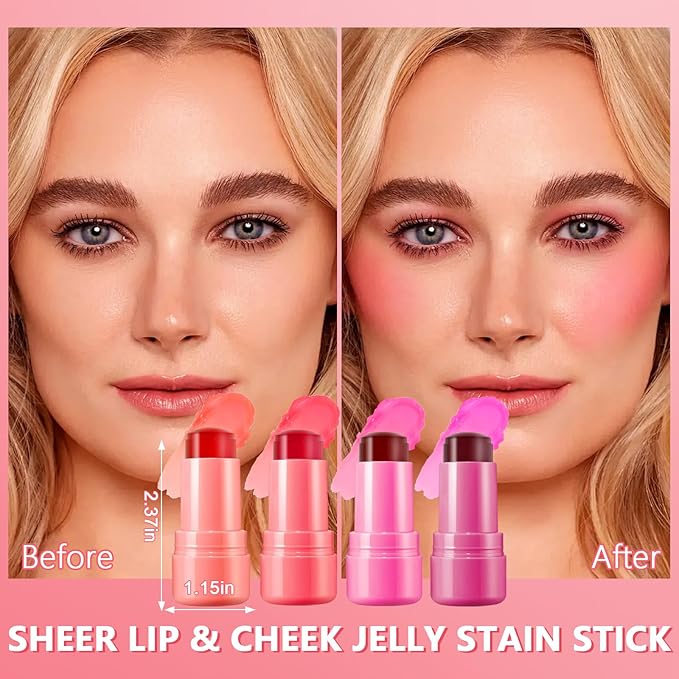 Jelly Blush Stick,Jelly Stain Stick,4Pcs Lightweight Long Lasting Lightweight