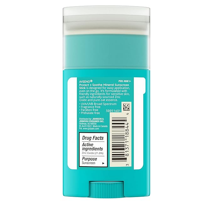 Aveeno Protect + Soothe Mineral Sunscreen Stick for Sensitive Skin, SPF 50, Water-Resistant for 80 minutes, Face & Body Sunscreen with Zinc Oxide & Oat, Fragrance-Free, Travel Size, 1.5 OZ